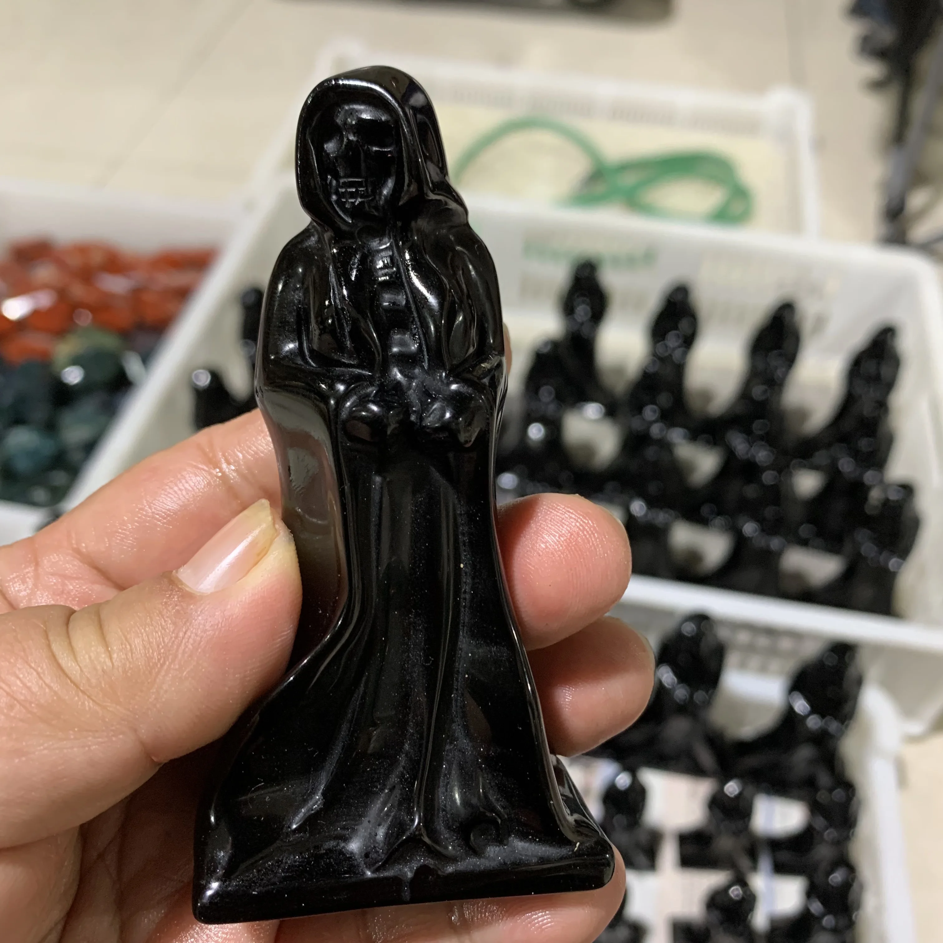 Natural Black Obsidian Death Carving Stone, Reiki Healing, Fengshui, Home and Office Decoration, Holiday Gifts, 1Pc
