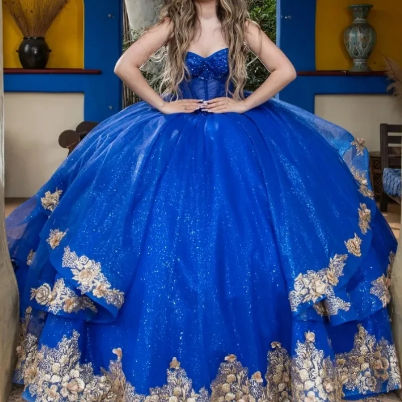 Customized Luxury Royal Blue Sweet 16 Girl Quinceanera Dresses Gold Lace Applique Ball Gown Vestido De 15 xv Prom Party Dress