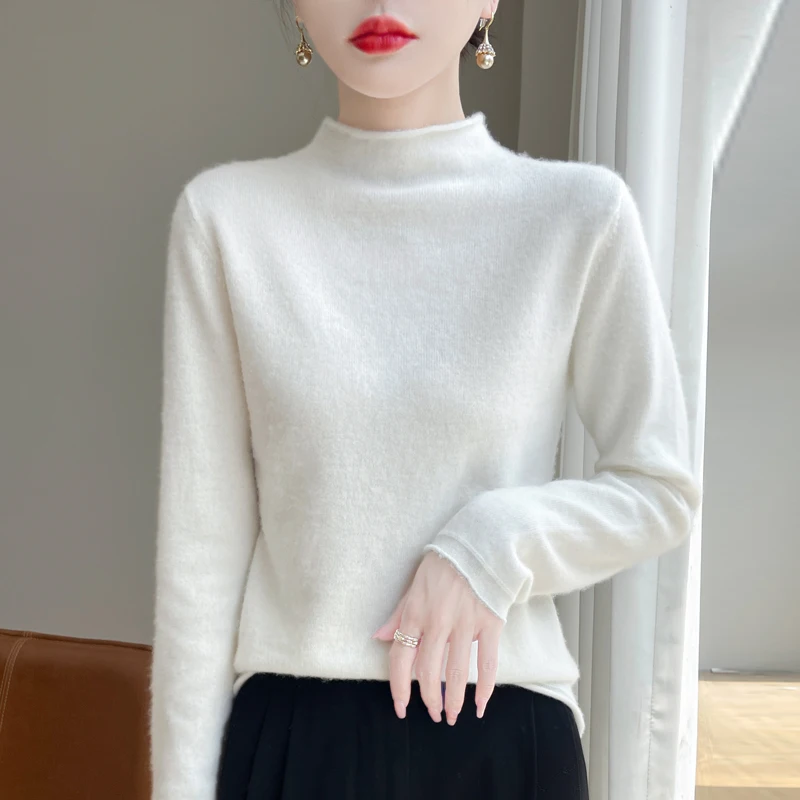 2024 Autumn/Winter Half Turtleneck Sweater Women 100% Merino Wool Sweater Basic Knitted Short Top Solid Color Women's Wear