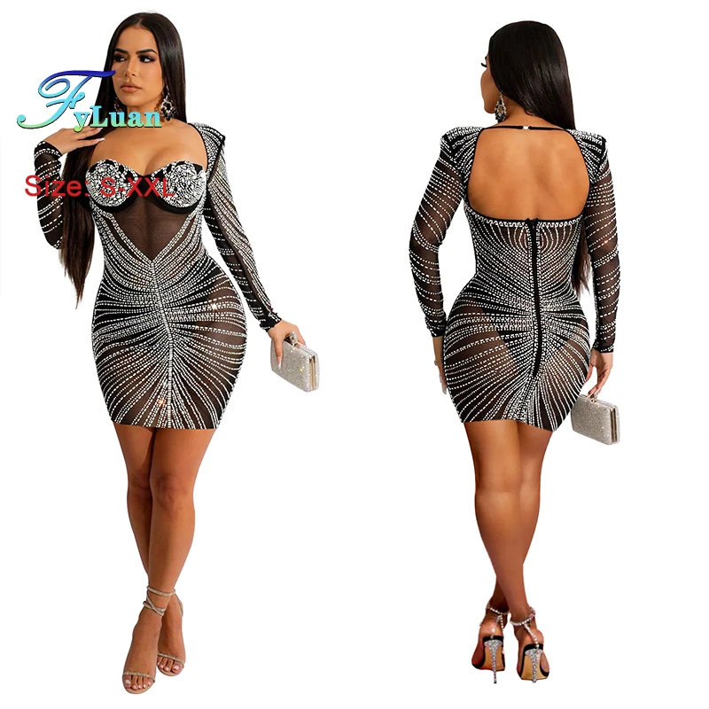 Long Sleeve Off Backless Long Jumpsuit Short Skirt Sheer Mesh Bead String Strapless Short Dress Sets Tight Fitting Women Outfit