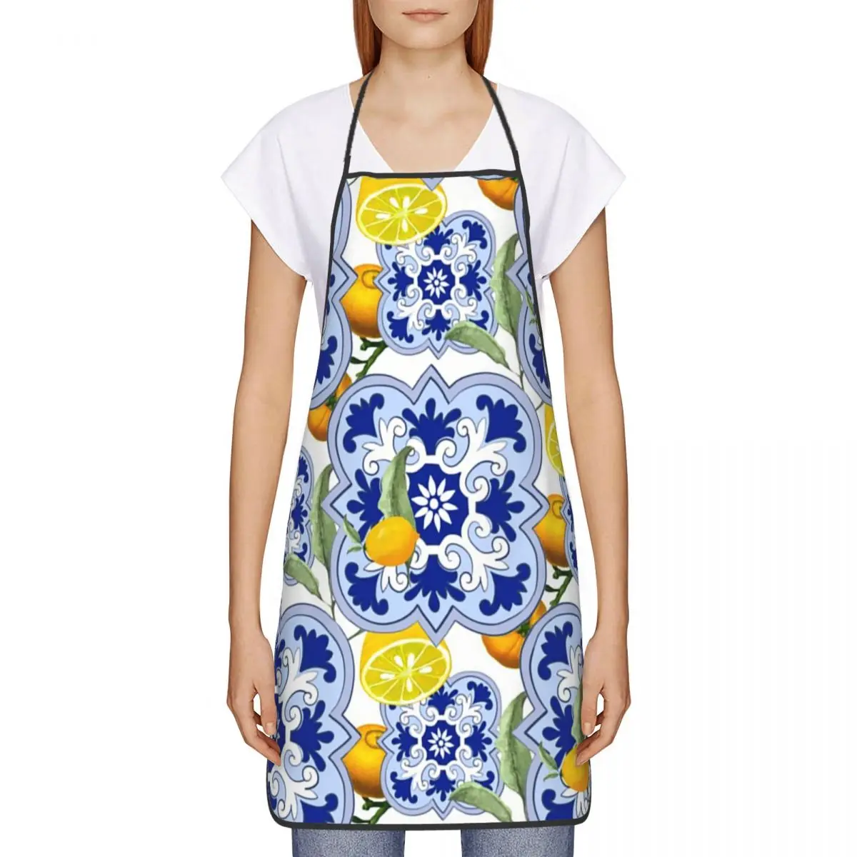 Custom Summer Citrus Lemons Fruit Sicilian Tiles Kitchen Chef Cooking Baking Apron Women Men Tablier Cuisine for Gardening