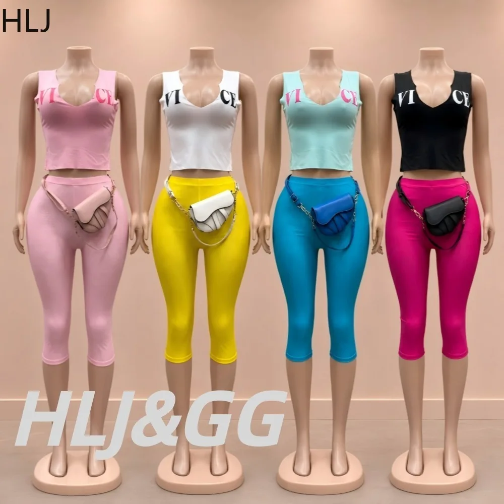 HLJ Sexy Women Letter Print 2 Piece Set Sleeveless V Neck Crop Top and Capri Pants Matching Streetwear Summer Daily Outfits New