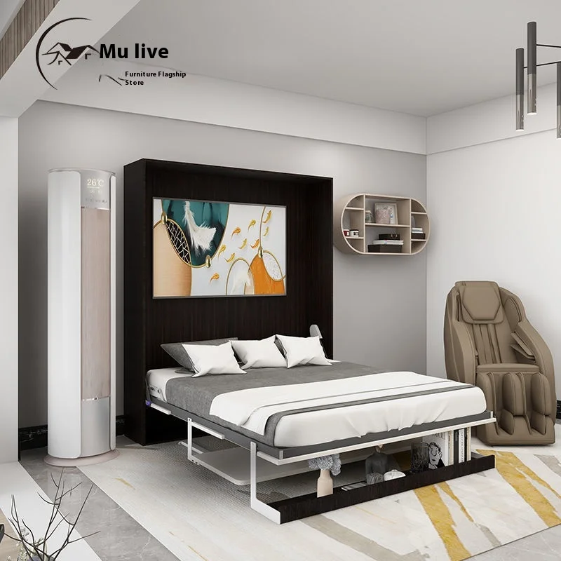 Motorized Wall Bed with Remote Control and Desk Invisible Wall Folding Design Murphy Bed for Small Oak Bedroom Study Furniture