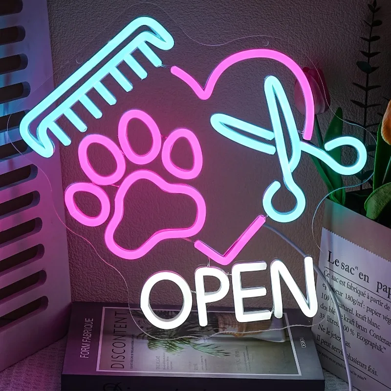 

Неоновая вывеска OPEN для груминга животных, светодиодный настенный светильник в виде собачьей лапы, ножниц и расчески, с регулируемой яркостью, питание от USB, декор для салона груминга, идеальный подарок
