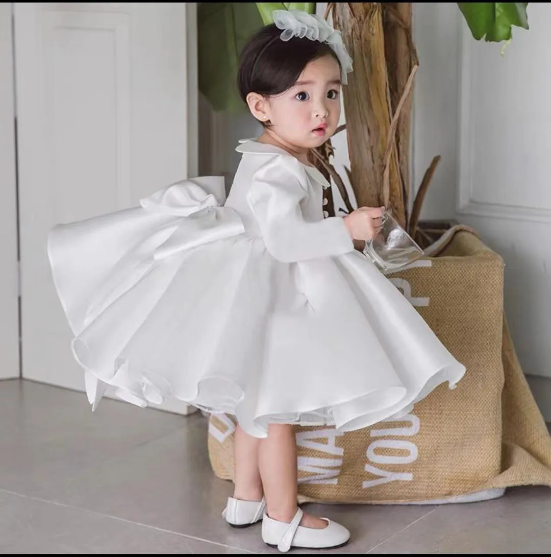 Gorgeous Pink White New Spring Summer Autumn Long Sleeve Peter Pan Collar 1 to 7 Year Birthday Party Baby Girls Princess Dress