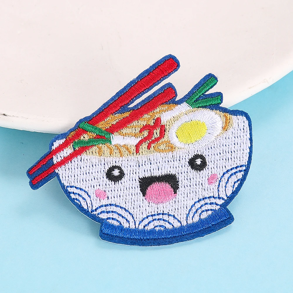 2PCS Cute Cartoon Bowl Noodles Embroidery Patch DIY Apparel Sewing Supplies Iron on Patches for Clothes Children\'s Coat Stickers