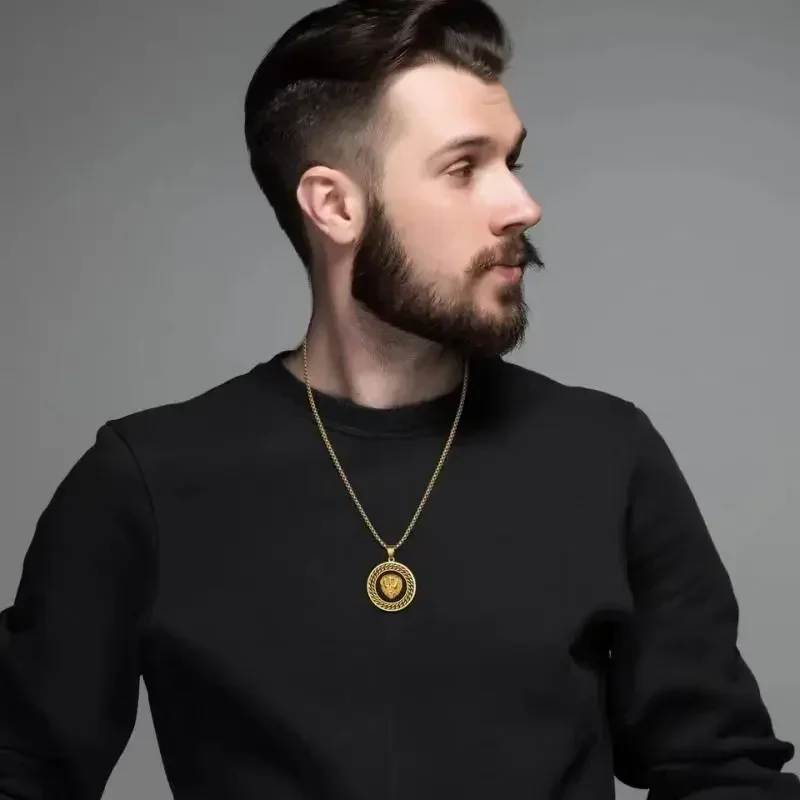Hip Hop złoty kolor 3D okrągła głowa lwa wisiorek łańcuszek Medal naszyjnik mężczyźni kobiety Rock raper biżuteria prezenty — zdjęcie 2