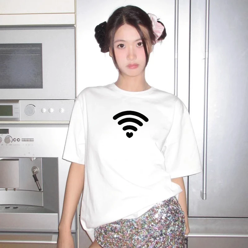 

WIFI Printed Short-sleeved Couple T-shirts, American High Street Loose Pure Cotton Half-sleeved, 2025 New Summer Fashion Brand