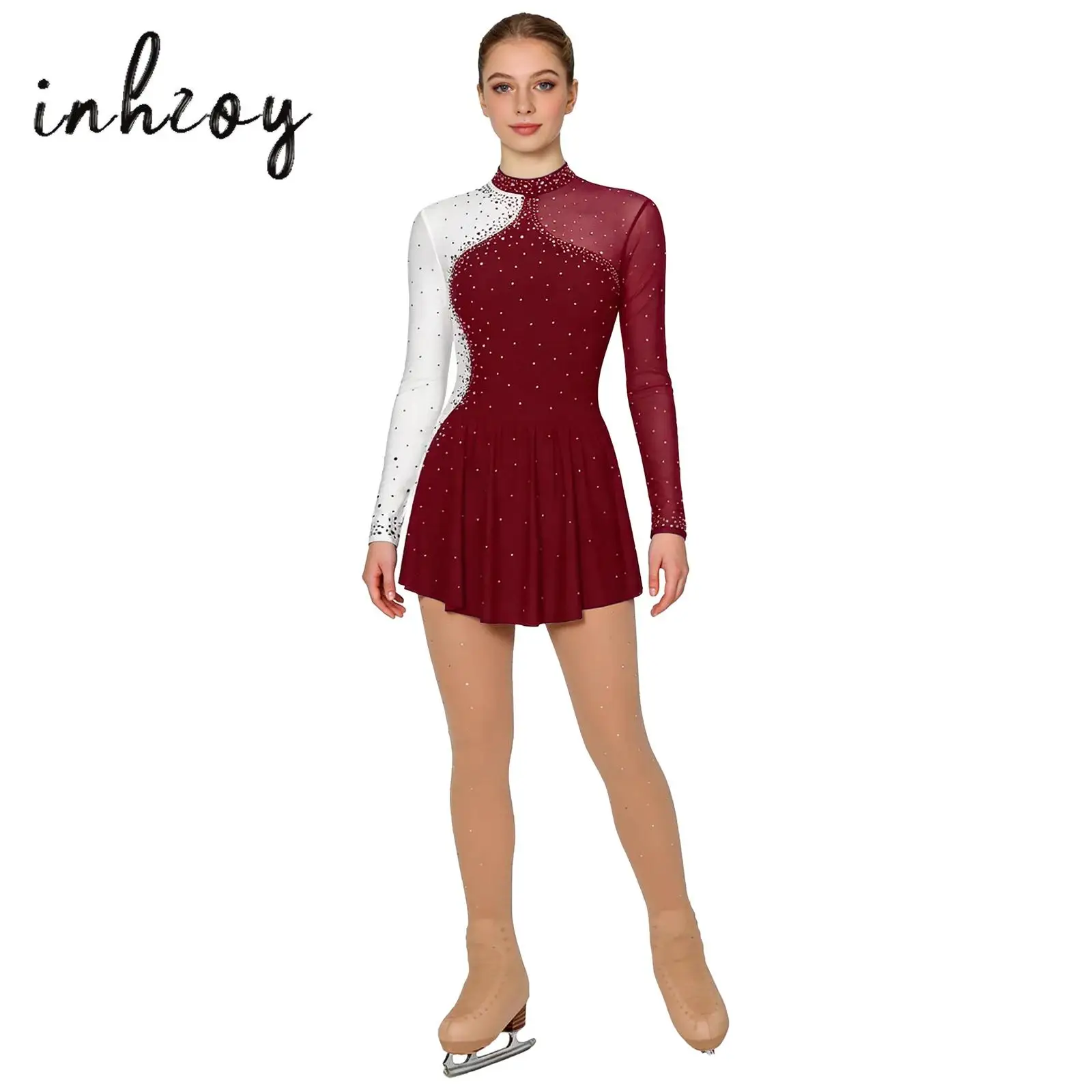 

Женское платье для фигурного катания, сетчатое лоскутное платье с длинными рукавами и колготки для балета, гимнастики, выступлений, практики