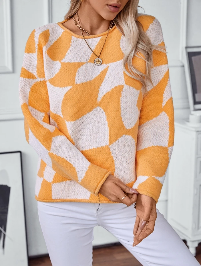 

Women's Street Trendy Pullover Sweater 2024 Autumn Winter Latest Contrasting Top Casual Fashion Loose Rolled Edge Knit Sweater