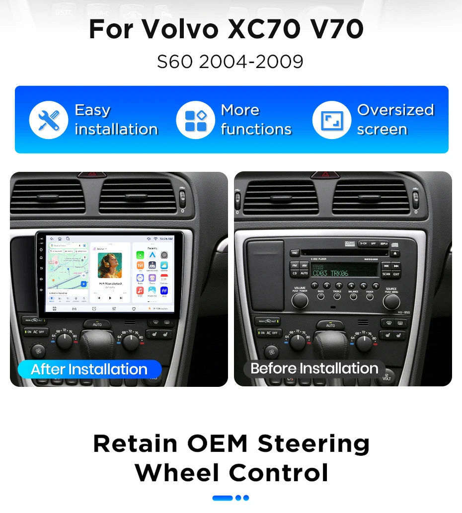 Junsun Android 15 Auto-Intelligenzsysteme für Volvo XC70 V70 S60 2004-2009 AI Wireless CarPlay für Apple Auto 9" IPS – Detail 3