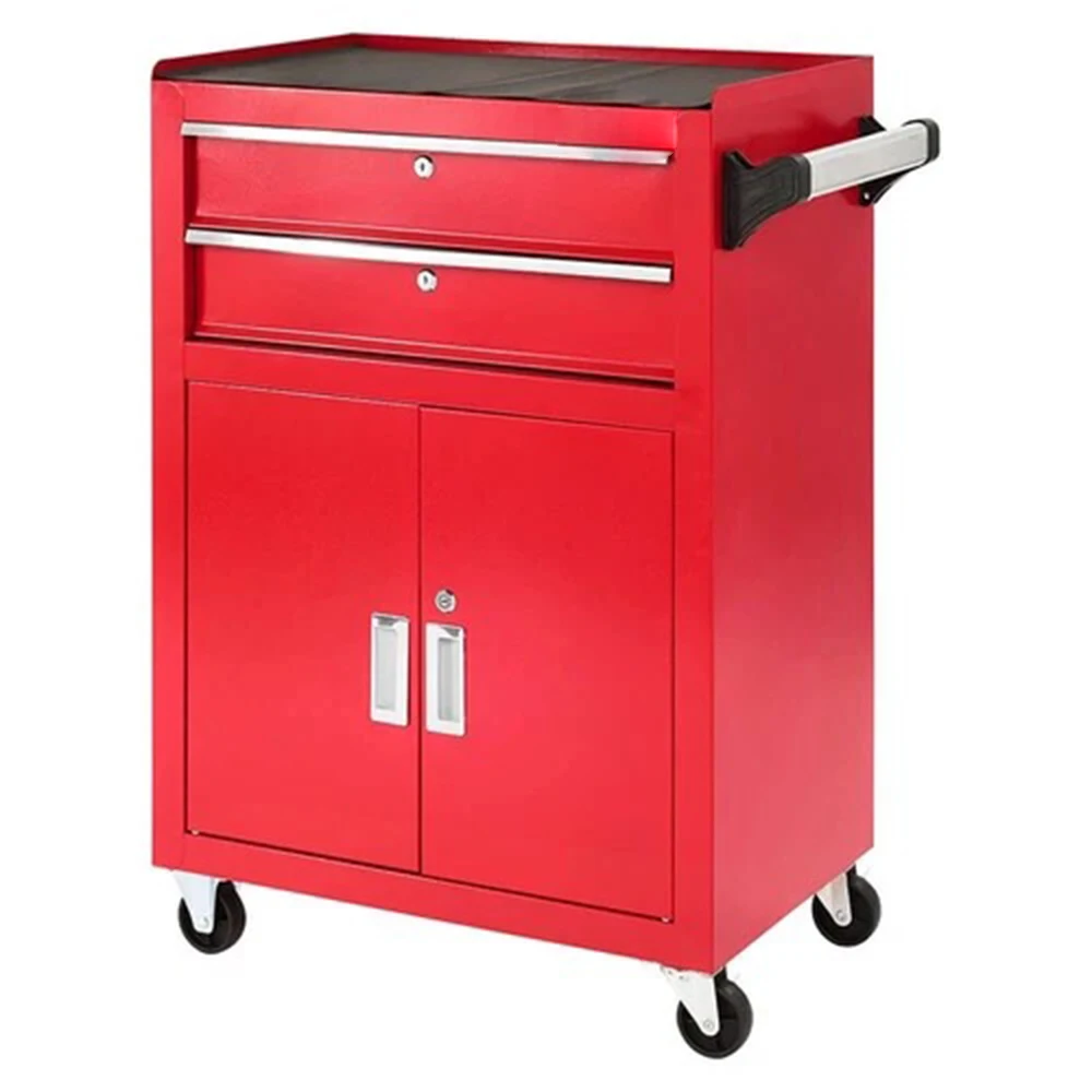 2-Drawer And 2-Door Red Tool Chest Cabinet Box With Rolling Rollers For Car Or Workshop