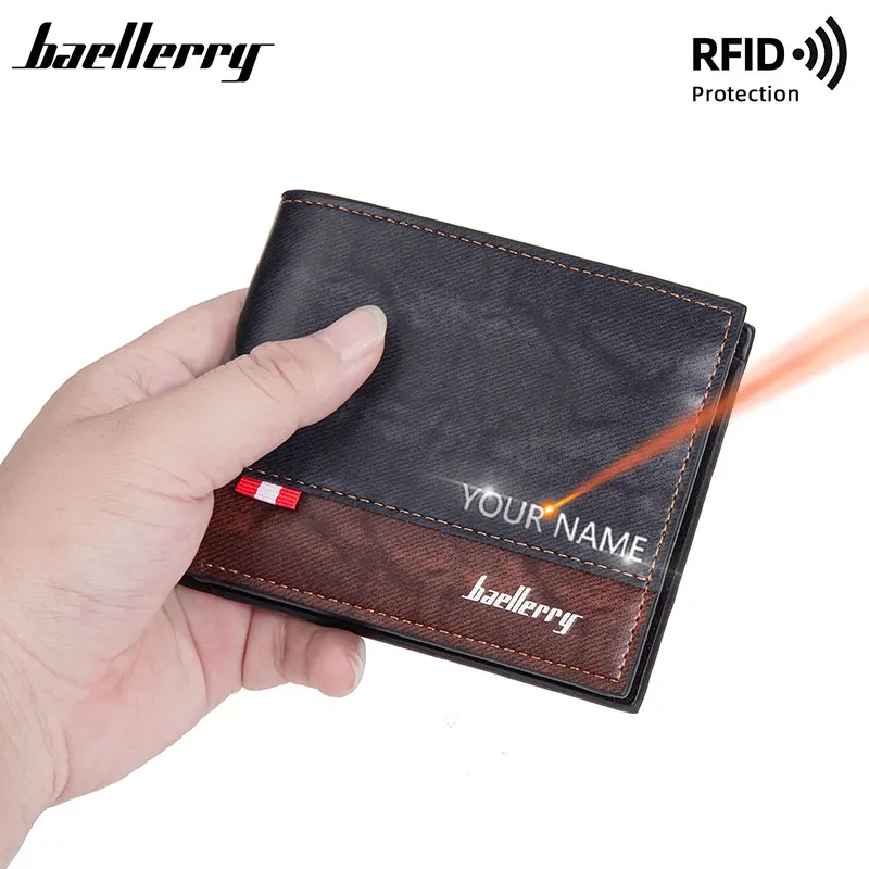 Baellerry RFID New Men Wallet Name Engraving Short Card Holder Big Capacity Male Purse Simple Zipper Coin Pocket Men Wallet