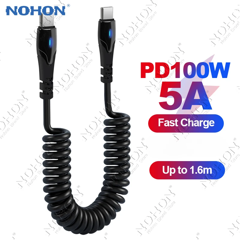 LED 100W Spring USB C to Type C Cable 5A Fast Charging Chager C-Type Cord for iPhone 15 iPad Samsung S23