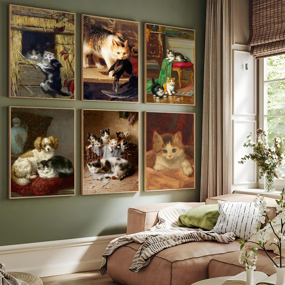 Cute Oil Painting Kitten Poster Paper Print Home Bedroom Entrance Bar Cafe Art Painting Decoration