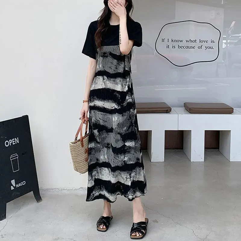 

Stylish Vintage Halo Dyeing Long Dress Patchwork Summer Casual Short Sleeve Women's Clothing Commute Basic Round Neck Dresses