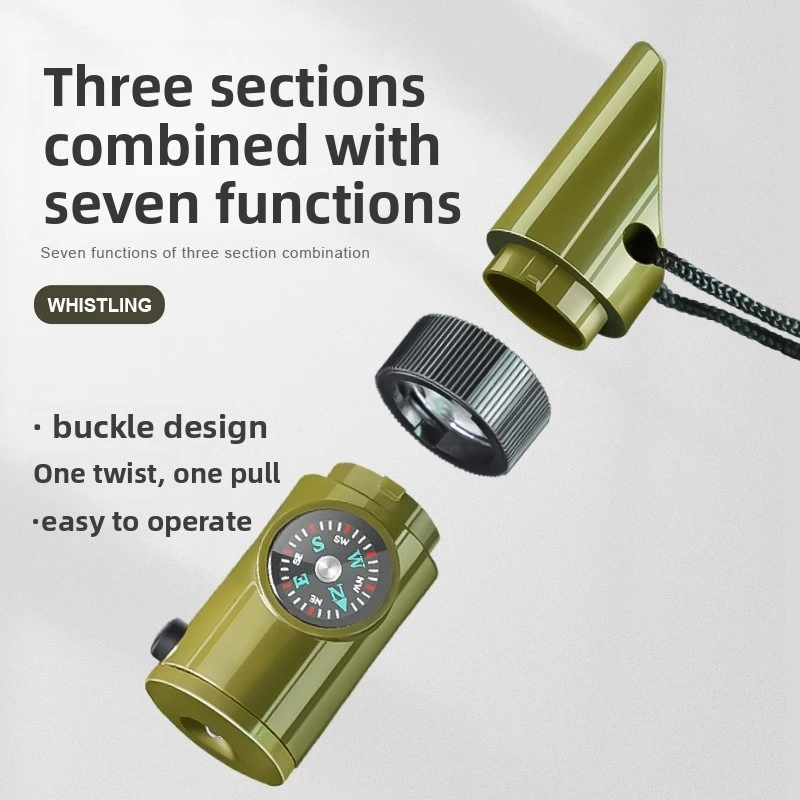 Outdoor Survival Gear 7-in-1 Whistle Multifunctional Portable Emergency Compass Magnifying Glass Flashlight Thermometer