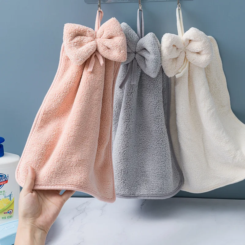 Cute Bowknot Coral Velvet Hand Towel Soft Wipe Dishcloths Hanging Absorbent Cloth Kitchen Tools Bathroom Accessories 30*33cm