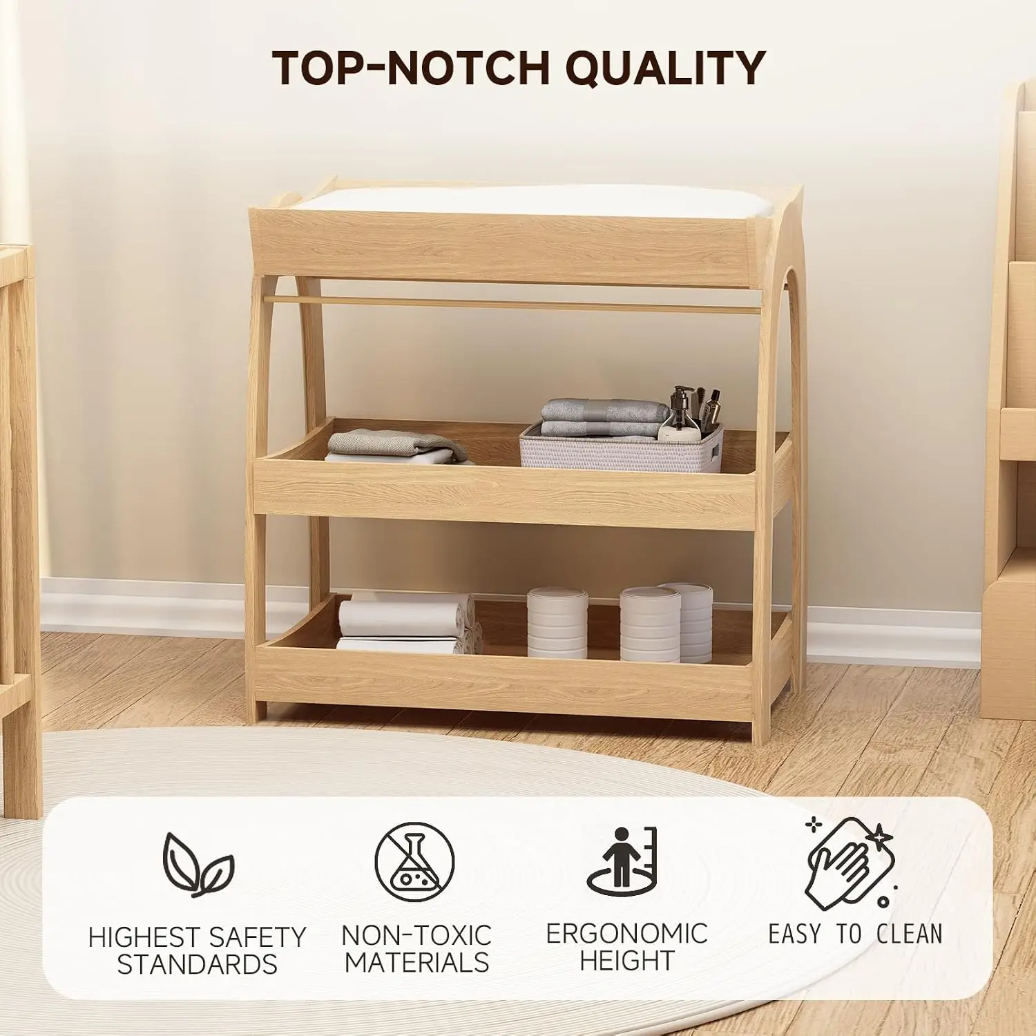 Baby Changing Table, Wood Diaper Changing Table with 2-Tier Storage Shelves, Wooden Baby Changing Station for Nursery, Modern Ch