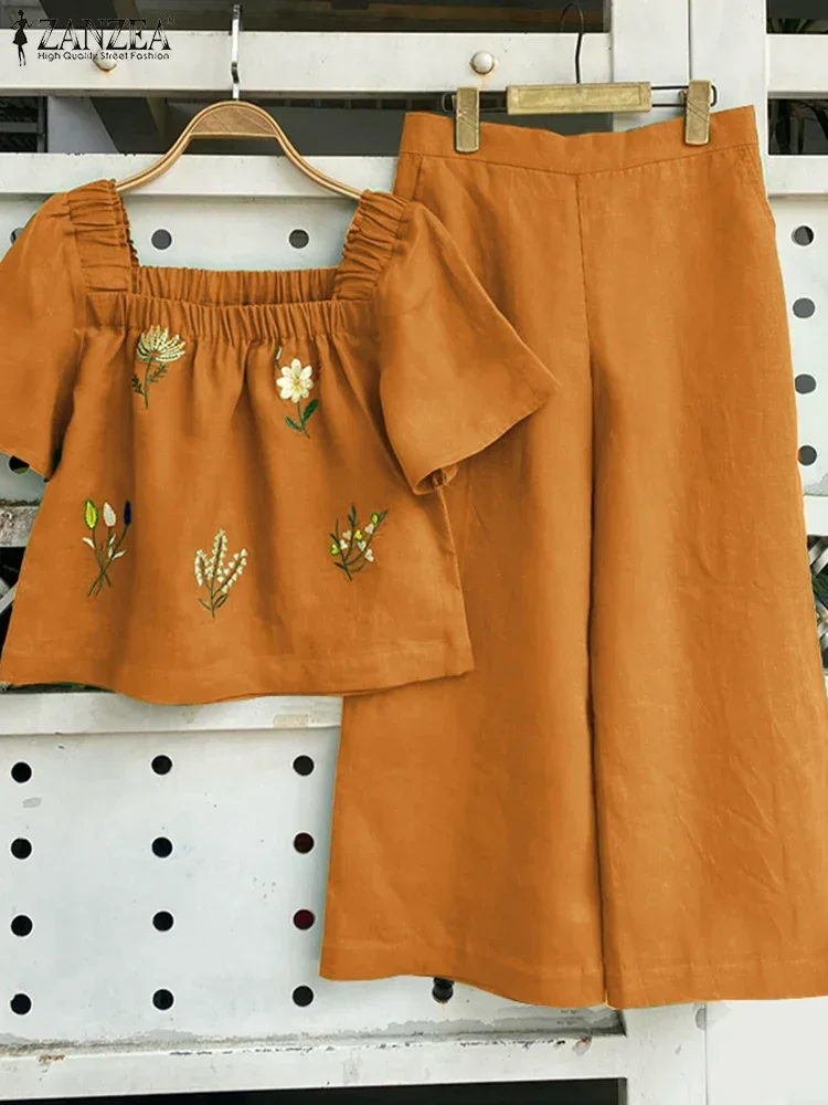 ZANZEA ฤดูร้อนผู้หญิงชุดกางเกงแขนสั้นสแควร์คอเสื้อเอวยางยืดกางเกงชุดชุดดอกไม้เย็บปักถักร้อย 2 ชิ้น Suts