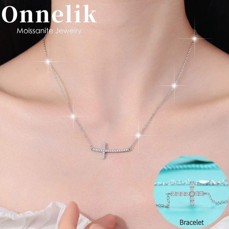

Onnelik Full D Color Moissanite Cross Pendant Bracelet Set for Women 925 Sterling Silver Sparkling Wedding Party Fine Jewelry