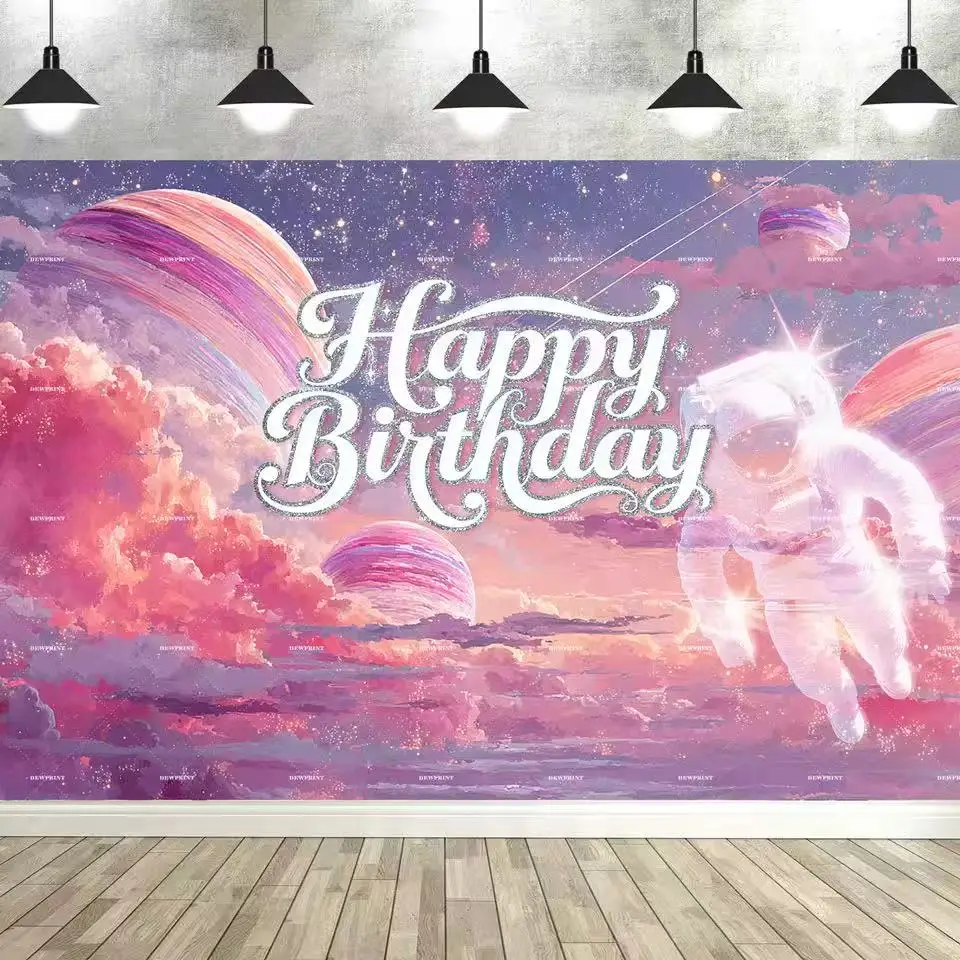 

Happy Birthday Backdrops Cloth Purple Pink Dreamy Planet Balloon Cloud Cake Baby Shower Photography Background Banner Props