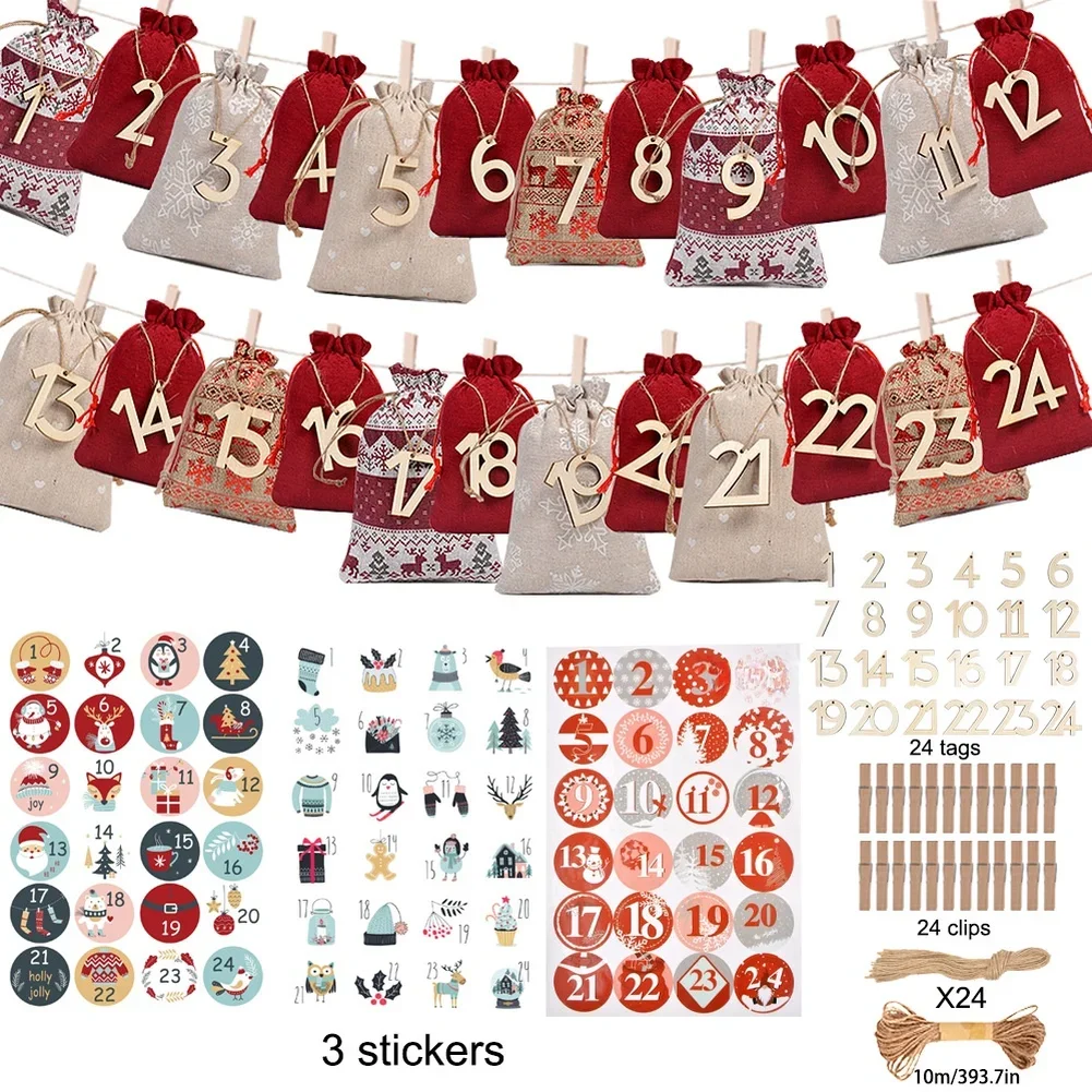 

24 Piece Christmas Advent Drawstring Bag Set With Wooden Tags Clips Stickers 10 Meter Jute Rope For Festive Use