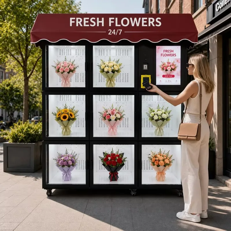 24/7 Outdoor Flower Vending Machine, Refrigerated Fresh Flower Locker, 8 Door Bouquet Vending Machine, Commercial Floral Kiosk