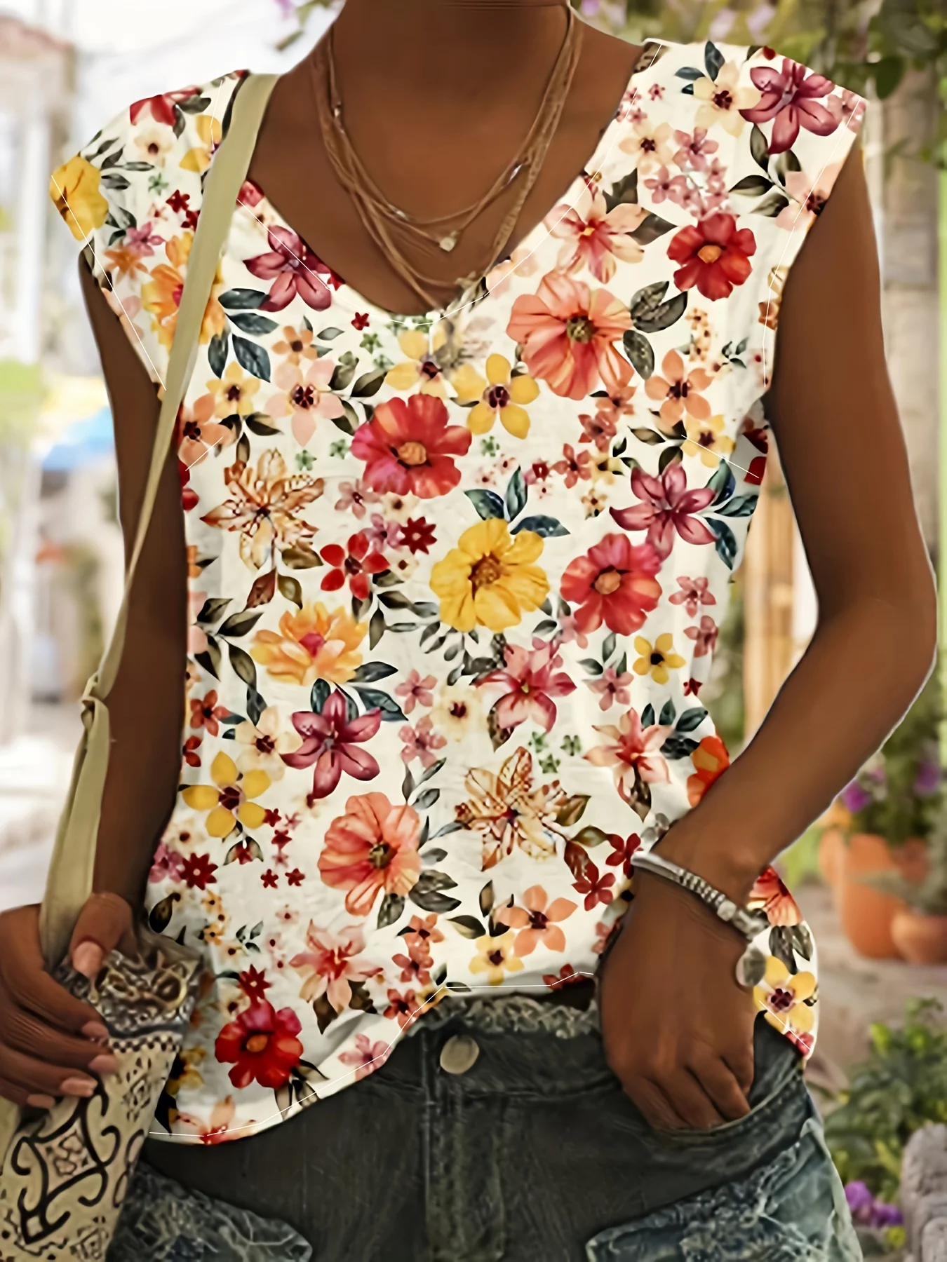 Plus Size Tanktop Met Bloemenprint, Casual Mouwloze Top Met V-Hals Voor De Zomer, Dames Plus Size Top