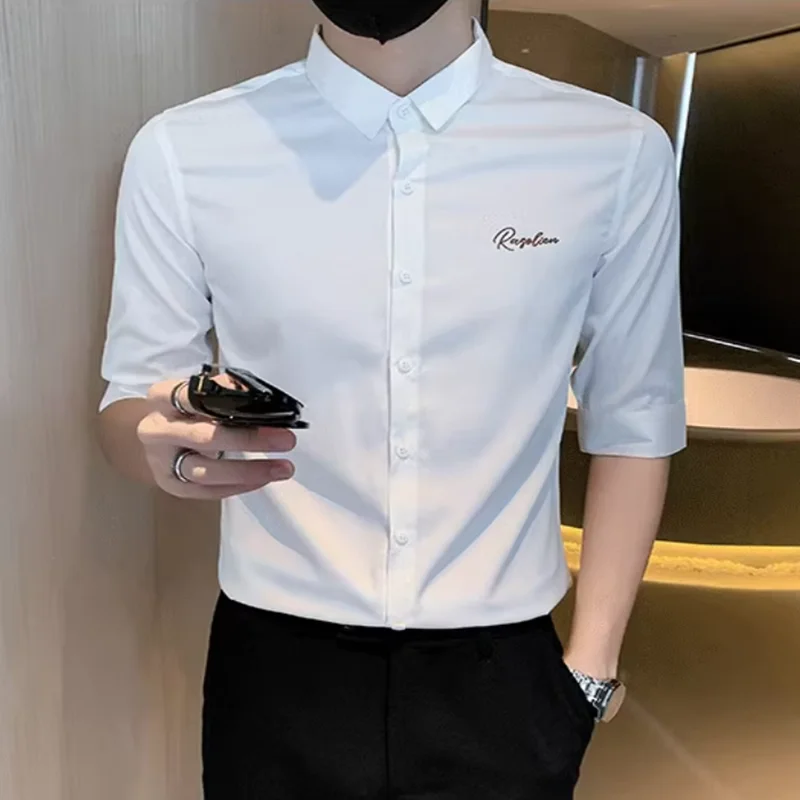 Summer elastic embroidered thin shirt for men slim Korean style youth 7-quarter sleeve casual business professional white shirt