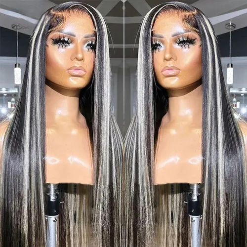 Imagen 2 del producto Peluca con malla Frontal recta de hueso gris resaltado negro pelucas frontales de encaje 13X4 densidad 200% lista para usar prearrancado para Wemon