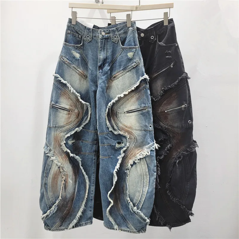 YYAHAHAS American Style Design Splicing Strap Work Pants for Women, Retro Washed Arc Shaped Mud Dyed Curved Knife Pants