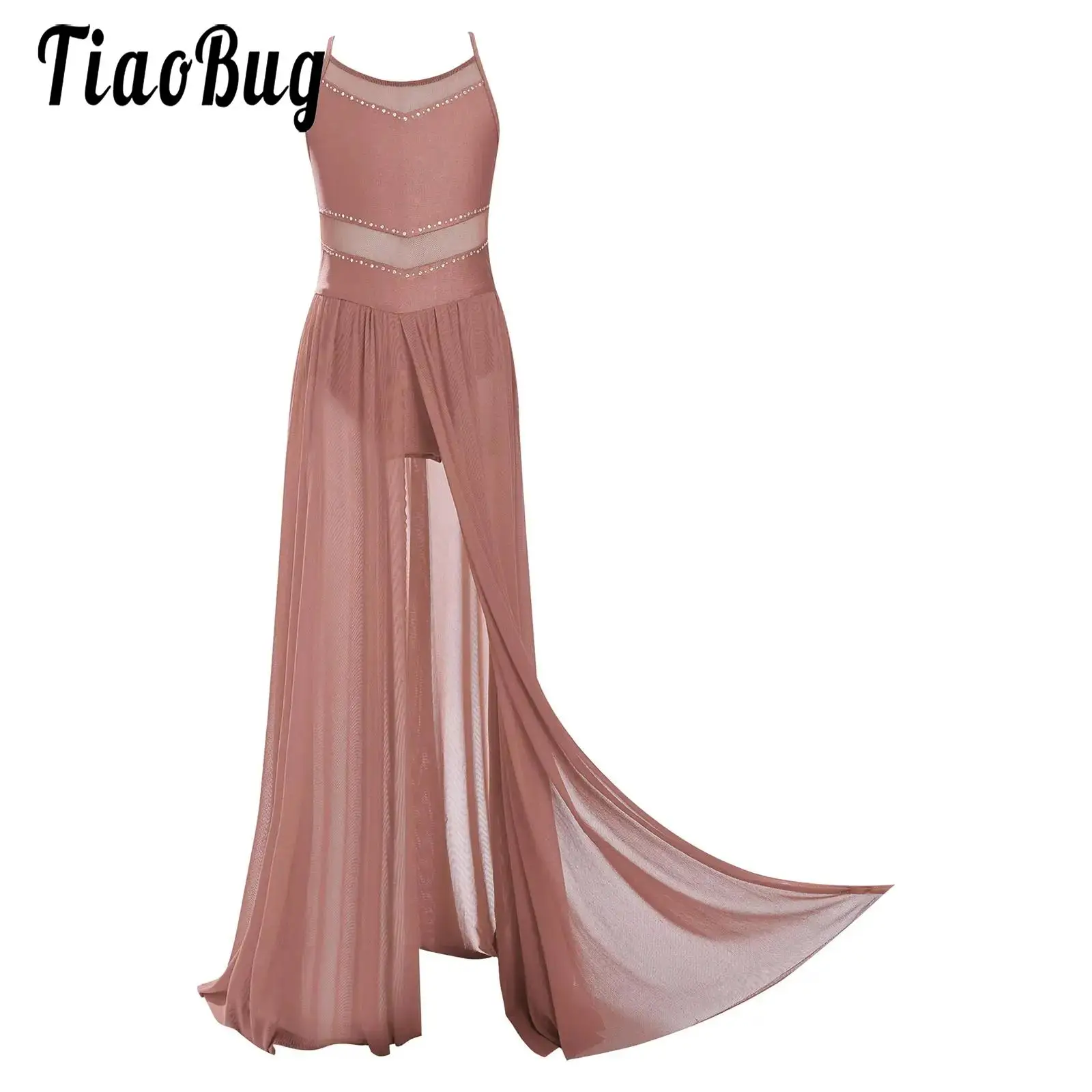 

Girls Lyrical Modern Contemporary Dance Dresses Competition Costume Crisscross Strap Back Sleeveless Split Flowy Mesh Long Dress