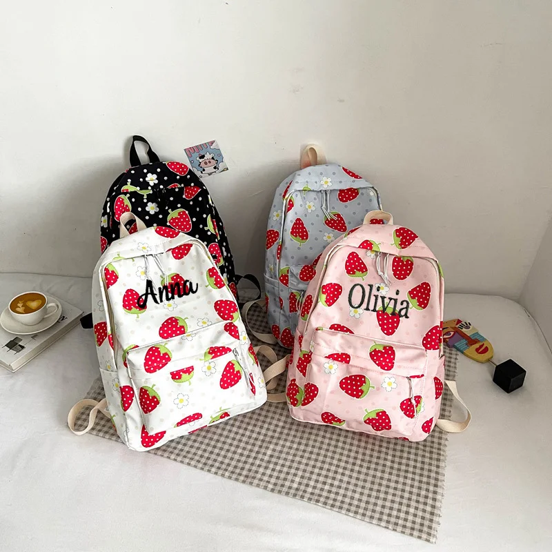 

Cute Strawberry Book Bag, Personalized Embroidered Name for Girls, Large Capacity Casual Backpack, Book Bag, Casual Bag