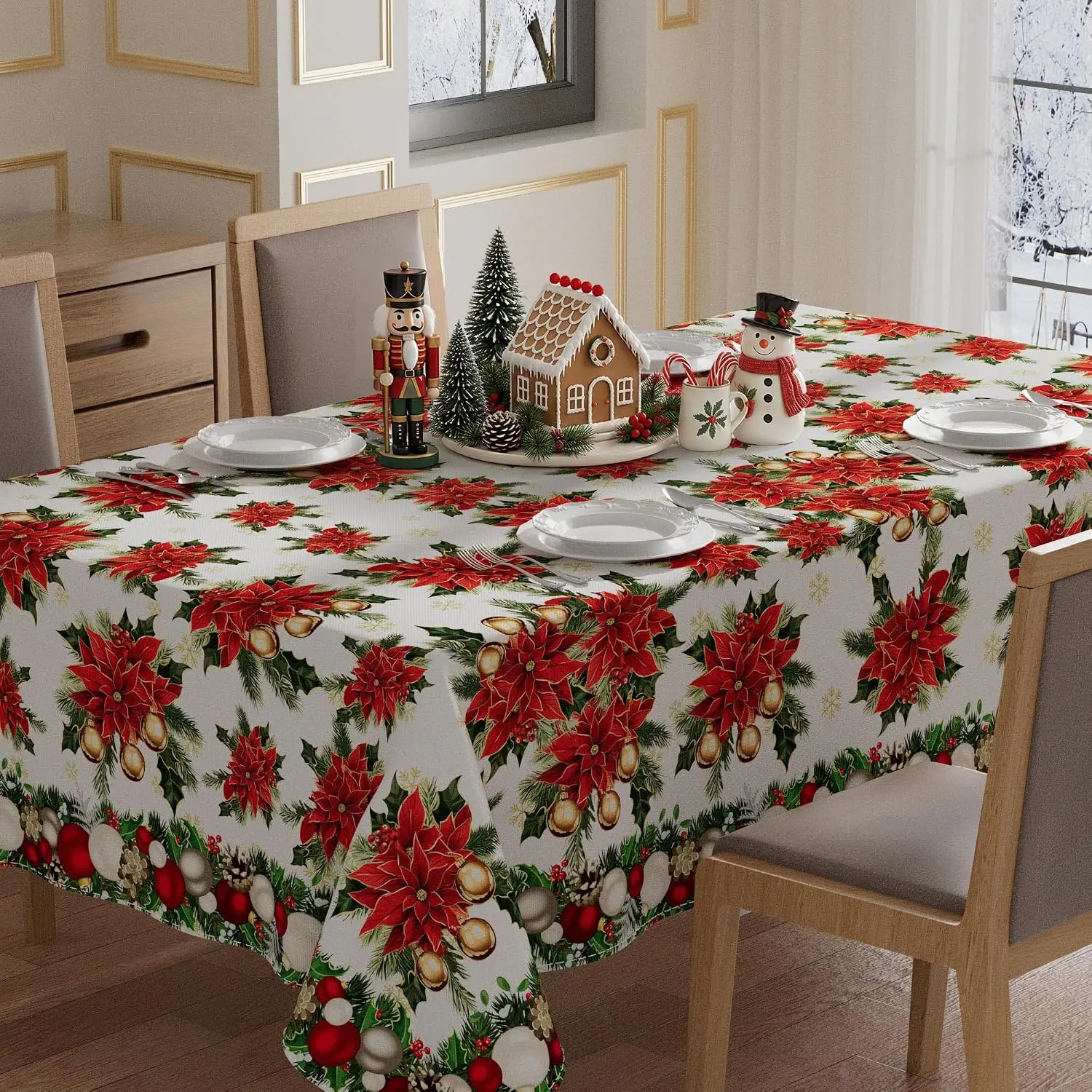 Christmas Poinsettia Xmas Balls Tablecloth for Table Decor Reusable Winter Kitchen Dining Tablecloth Christmas Decorations