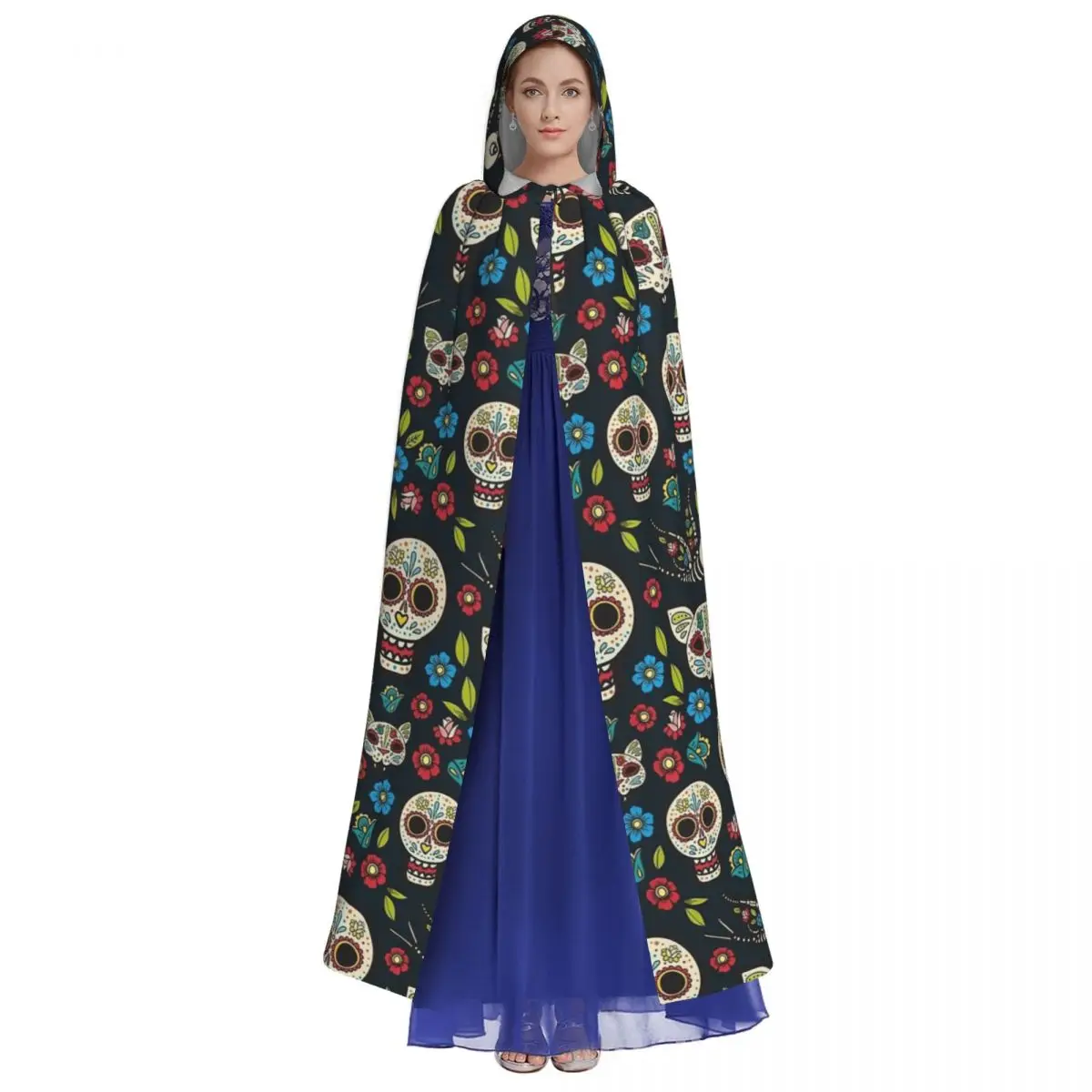 Sugar Skulls Pattern Long Hooded Cloak for Halloween Design Unique Cape