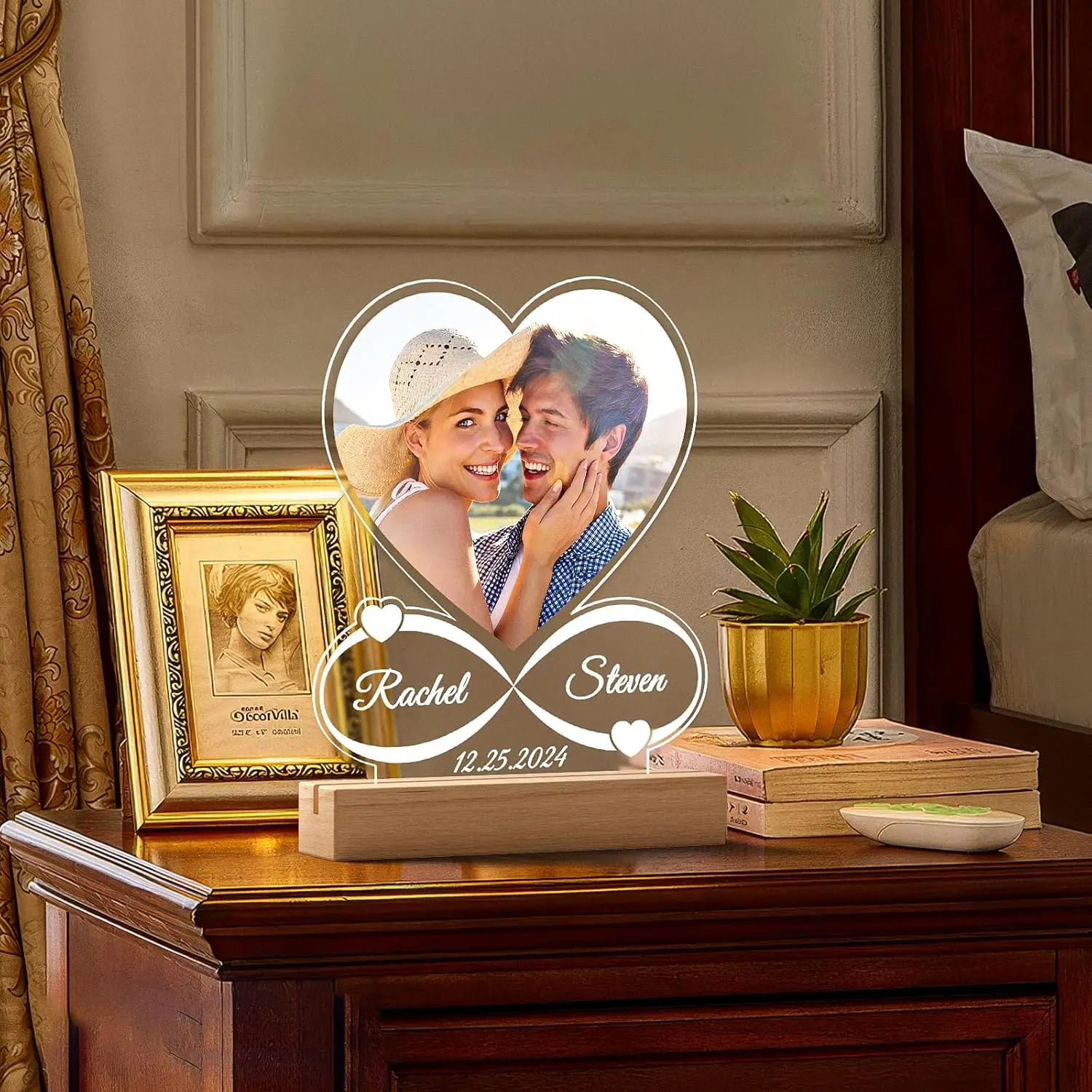 Custom Acrylic Heart Picture Frame with Photo Personalized Anniversary Couples Gift Custom Acrylic Plaque with Night Light