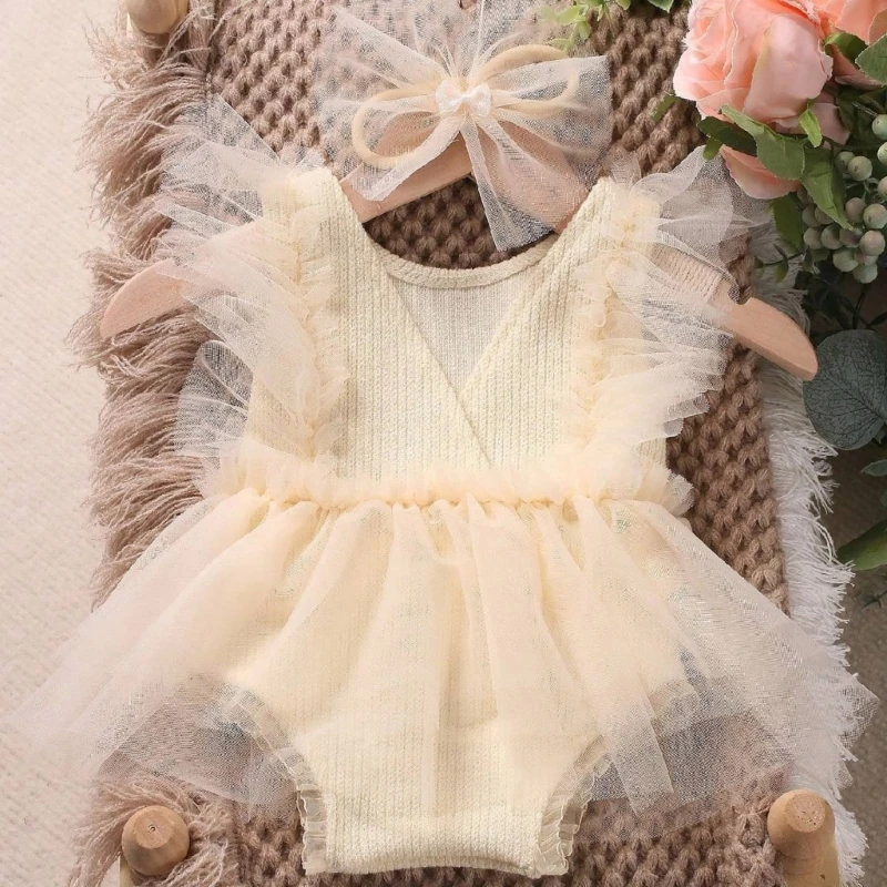 Princess Baby Girls Photography Lace Tulle Dress with Bowknot Headband for 0-1 Months Baby Studio Photo Shooting Romper Outfits