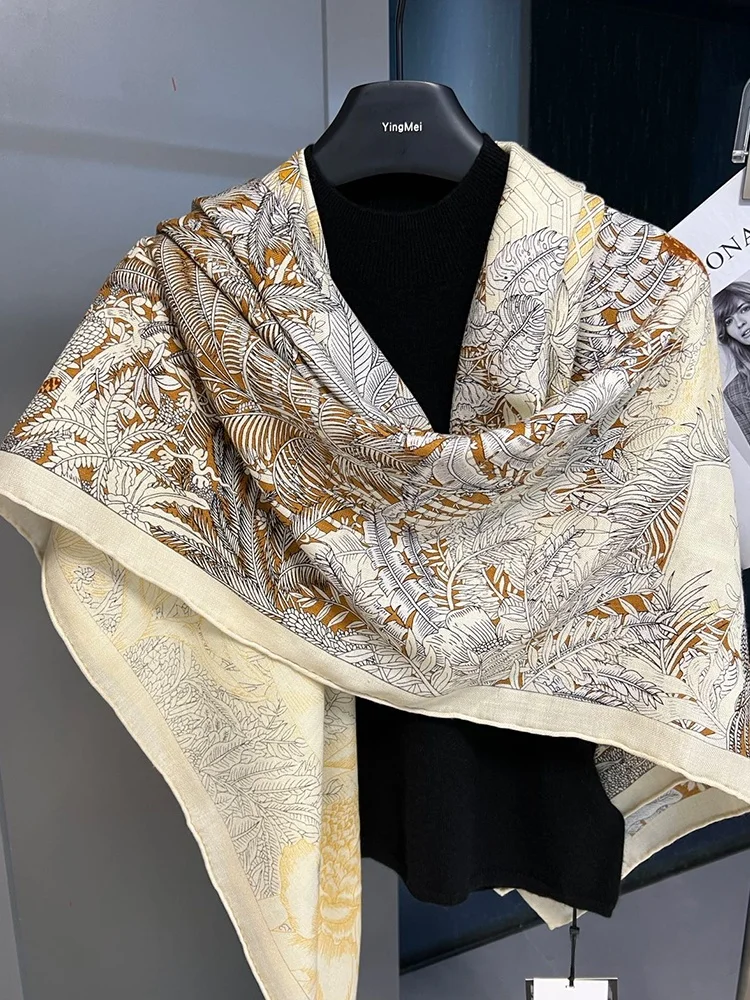 

Silk Wool Scarf for Women High-End Office Wear Autumn Winter Large Square awl Floral Print Multifunctional Wrap