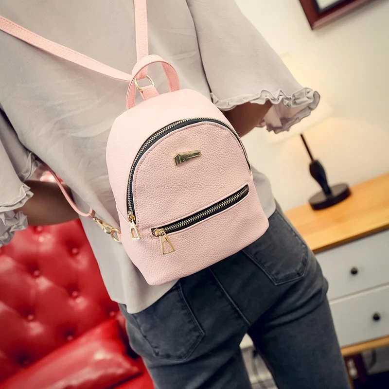17*19*11cm Small Size Women Leather Backpack Girls Fashionable Mini Backpacks Solid Color Going Out Travel Portable Zipper Bag