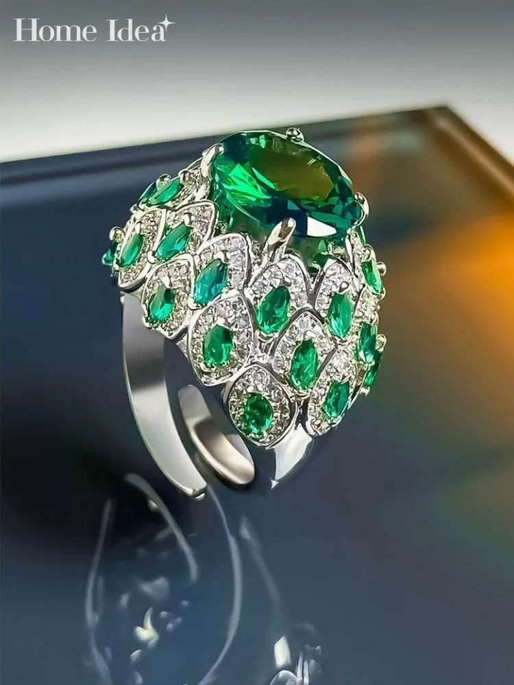 

Vintage Women Elegant French Style Fine Jewelry Green Ring Luxury Synthetic Diamond Chinese Style Banquet Ladies Opening Rings