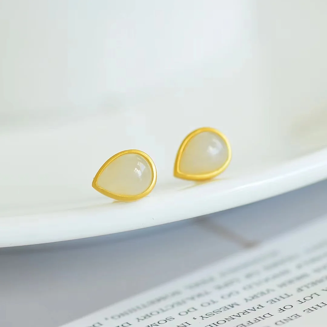 S925 Silver Inlaid Natural Hetian Jade Stud Earrings Fashion Women Ear Hook Earring Jewellery Gift Social Party Gemstone Jewelry