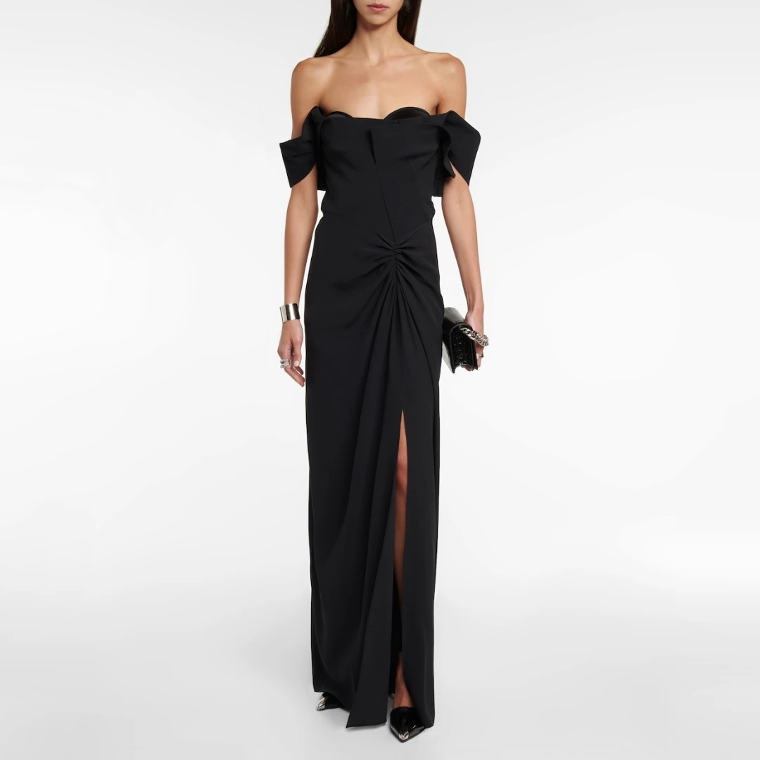 

OIMG Elegant Black Prom Maxi Dresses Off the Shoulder Short Sleeves High Slit Long Satin Ruched Evening Gowns Formal Party Dress