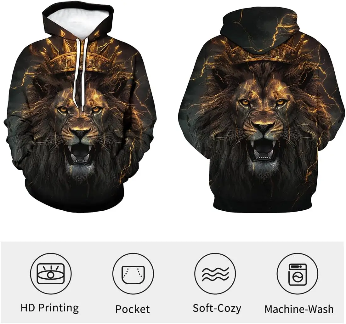 Lurhonp الأسد هوديس الرجال امرأة عادية هوديي الدافئة البلوز مقنعين موضة البلوز ملابس علوية فضفاضة مع جيوب