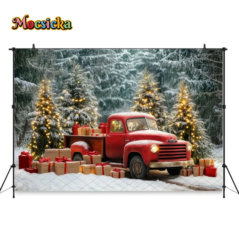 Mocsicka الأحمر هدية عيد الميلاد عربة خلفية التصوير الفوتوغرافي شجرة عيد الميلاد الغابات الأبيض حقل ثلجي خلفية الشتاء الأسرة في الهواء الطلق الصورة #2