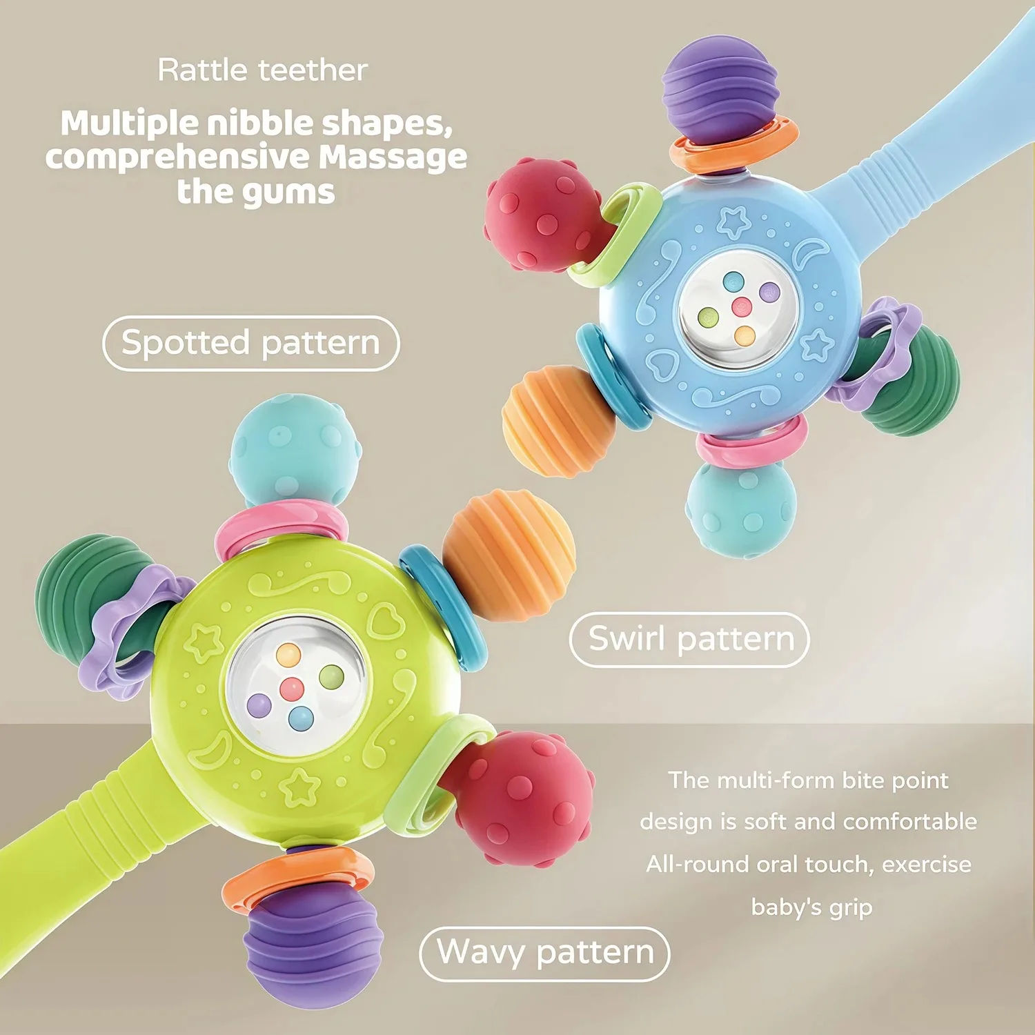 New Manhattan Teething Ball, Baby Grasp Training Sensory Toy,  Rotating Handheld Spinner, Soft Food-Grade Silicone Teether