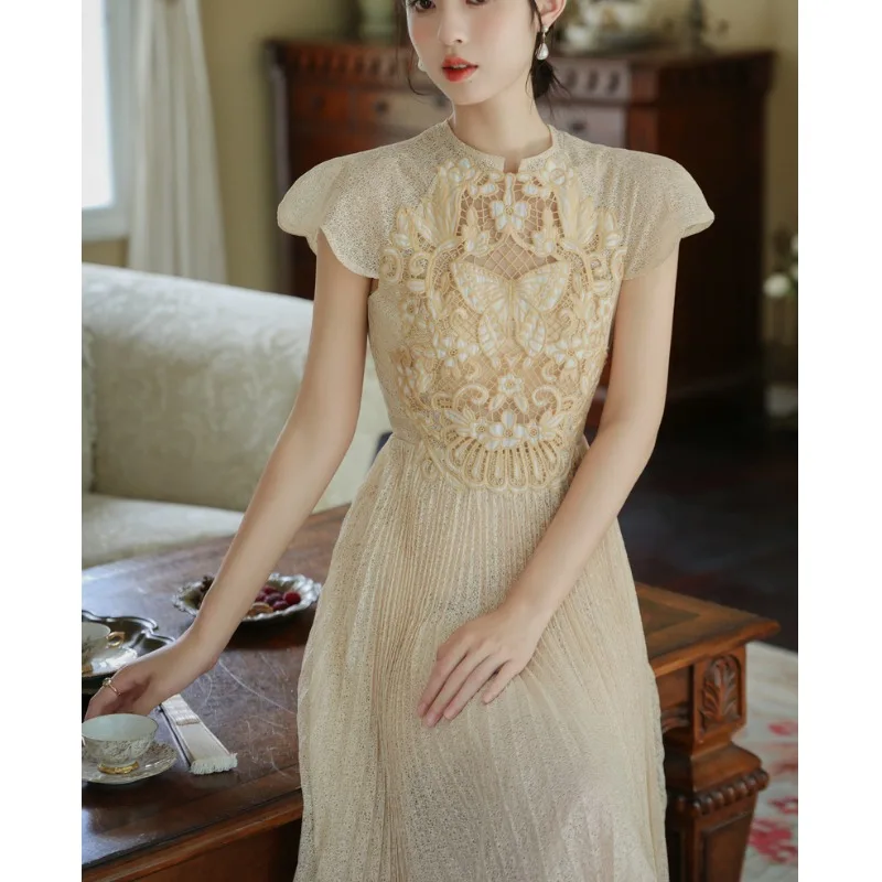 

Ele Embroidery Heavy Work ort Sve Dr Holiday Gauze Material High Waist A-Line Midi Skirt Polyester Fiber