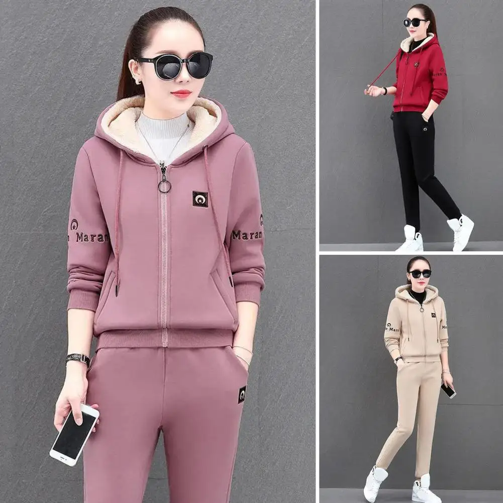 Women Coat Pants Suit Hooded Drawstring Letter Embroidery Thick Plush Long Sleeve Zipper Closure Elastic Waist Lady Tracksuit