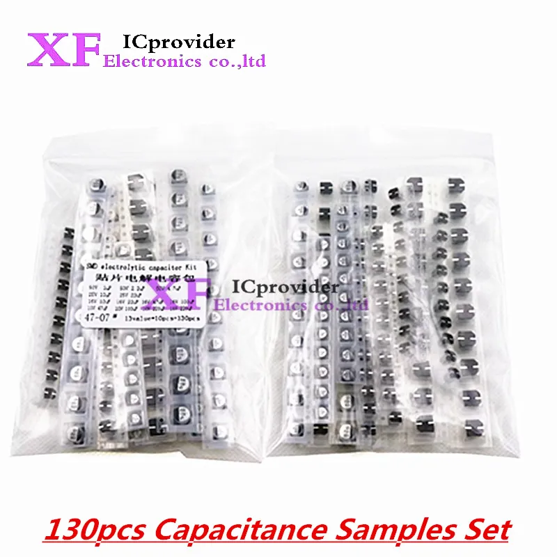 130pcs/Lot 1uF-220uF SMD Aluminum Electrolytic Capacitor Assorted Kit 13values*10pcs=130pcs Capacitance Samples Set