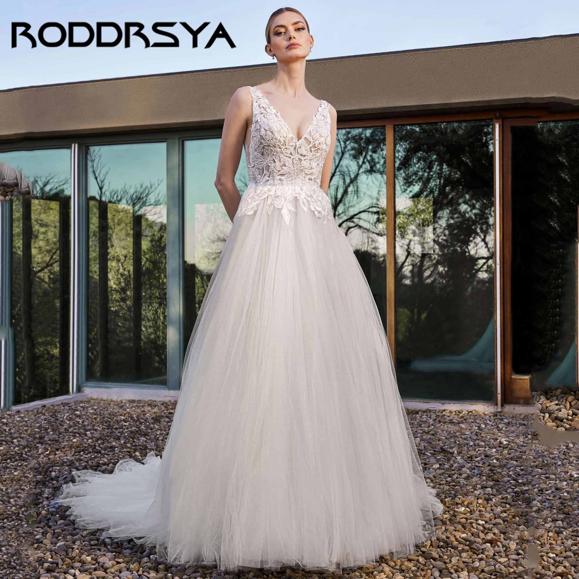 

Tulle A-line Wedding Dress With V-Neck And V-Back Sleeveless Luxury Applique Bride Gowns vestido de novia boda 2025 Customized